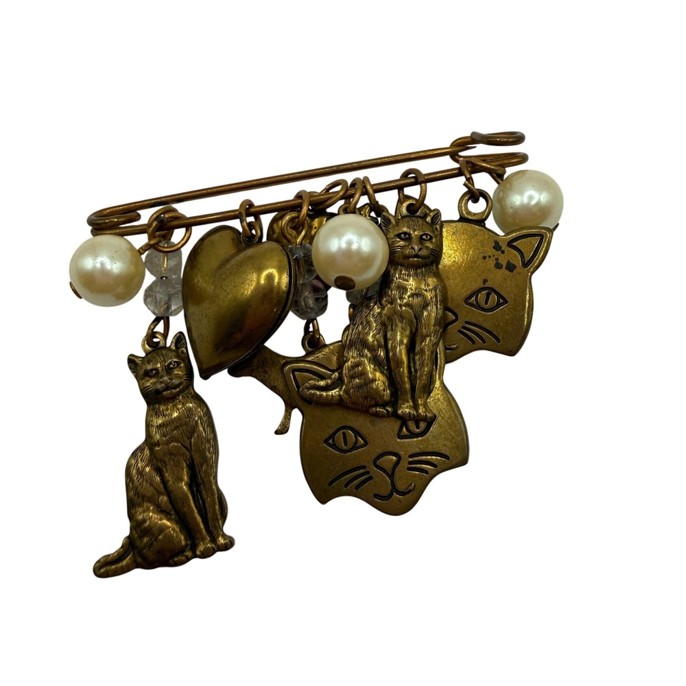 Vintage Whimsical Cat Heart Pearl Charm Safety Pin Brooch Gold Bronze Tone